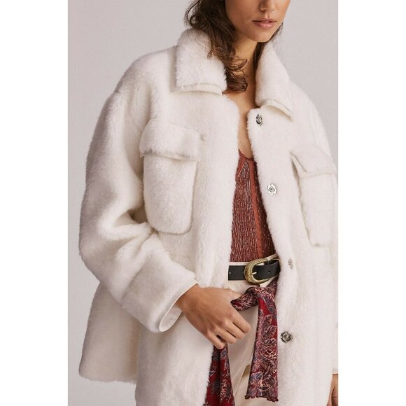 NWT Anthropologie Cinched Faux Fur Coat L $180 Ivory Teddy Lined Pockets - Picture 1 of 9
